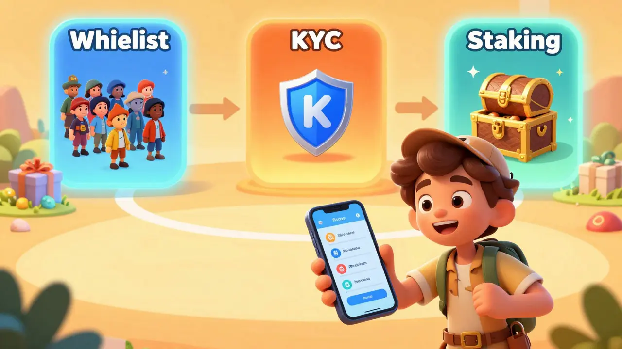 Cartoon adventurer checking crypto tasks with glowing portals