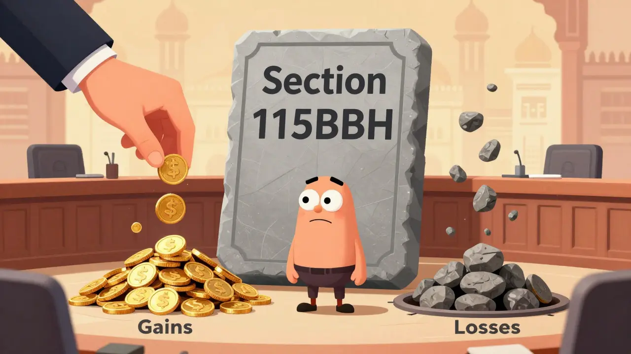 Cartoon depiction of tax law where gains are taxed but losses disappear into a void.