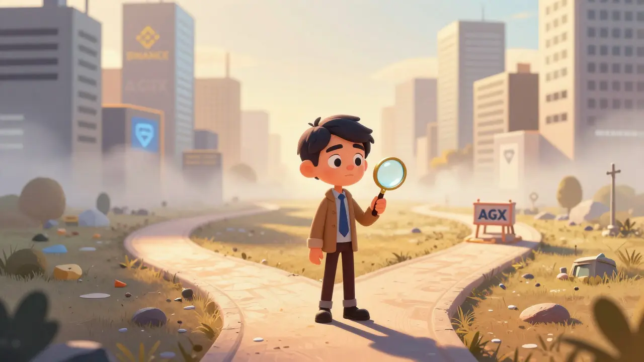 Cartoon investor choosing between safe major exchange path and risky trail
