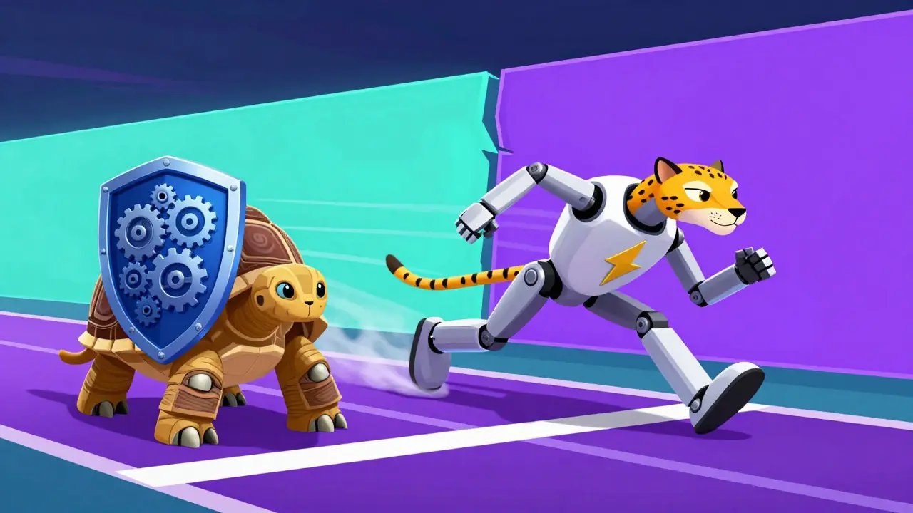 Cartoon robots racing to show the difference between Bitcoin's slow and Ethereum's fast finality.