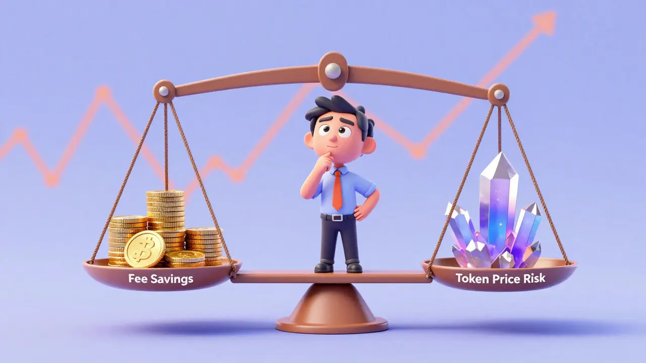 Cartoon trader weighing fee savings against token price risk on a balance scale.