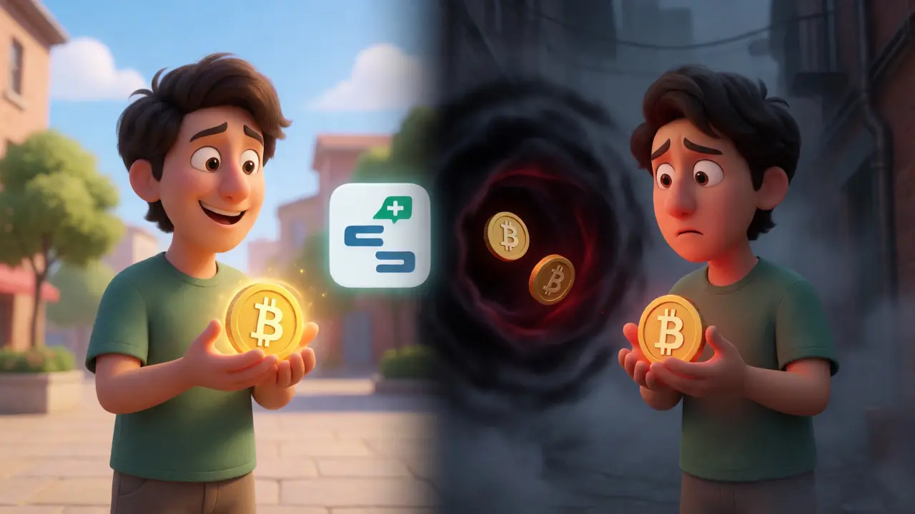 Cartoon user facing a choice between easy swaps and risky withdrawals