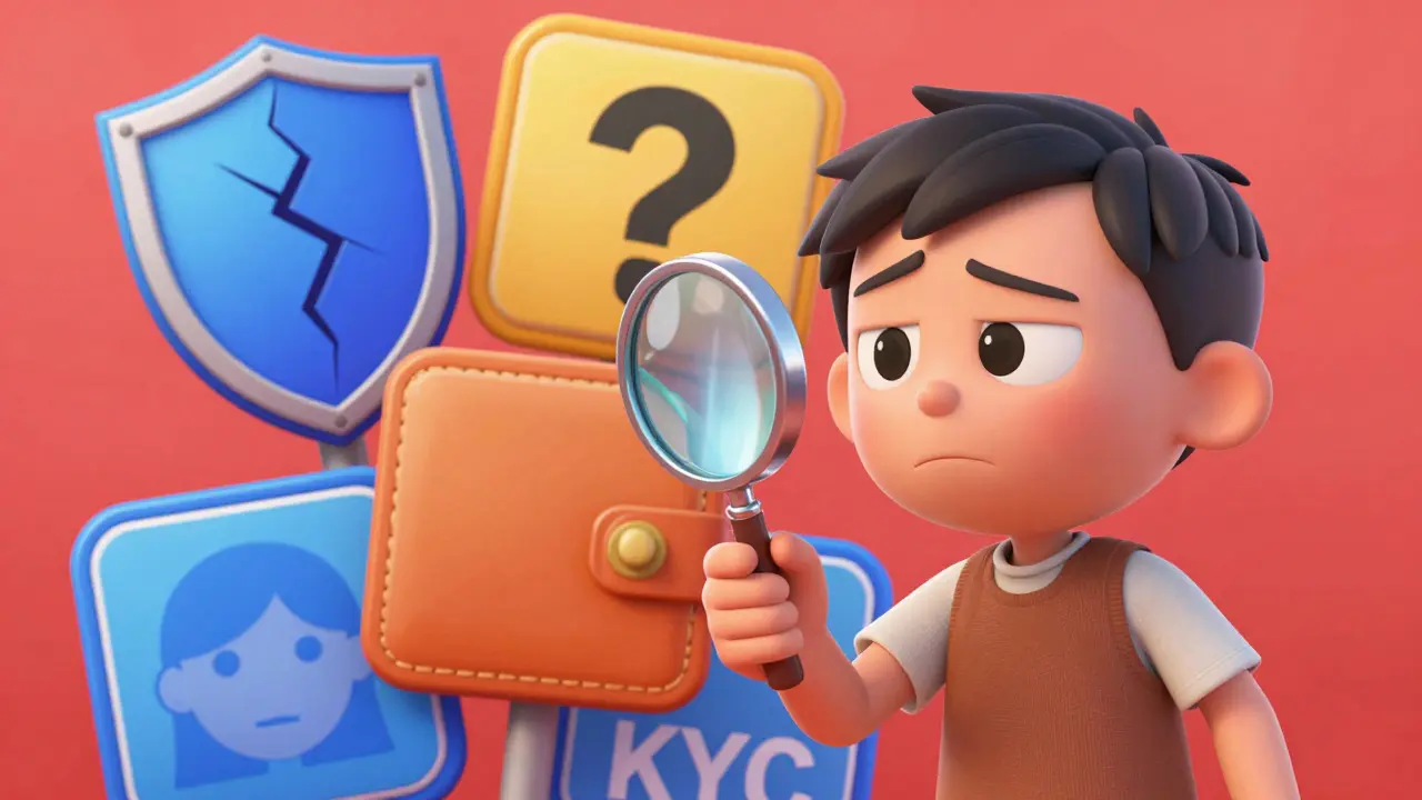 Character inspecting cartoon warning signs for scams