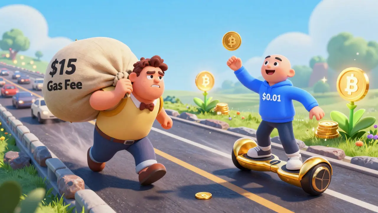Cheerful character gliding on cheap Blast fees vs expensive Ethereum