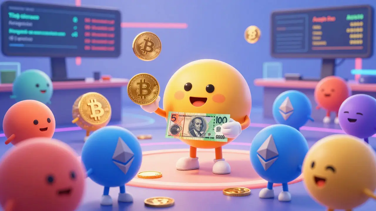 Colorful coin characters exchanging with an Australian dollar figure in a lively market
