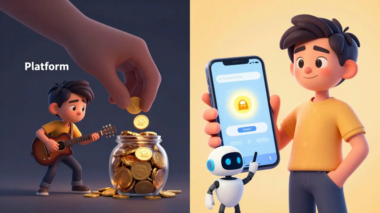 Comparison of traditional platform fees vs direct fan support via social tokens in a colorful cartoon style.