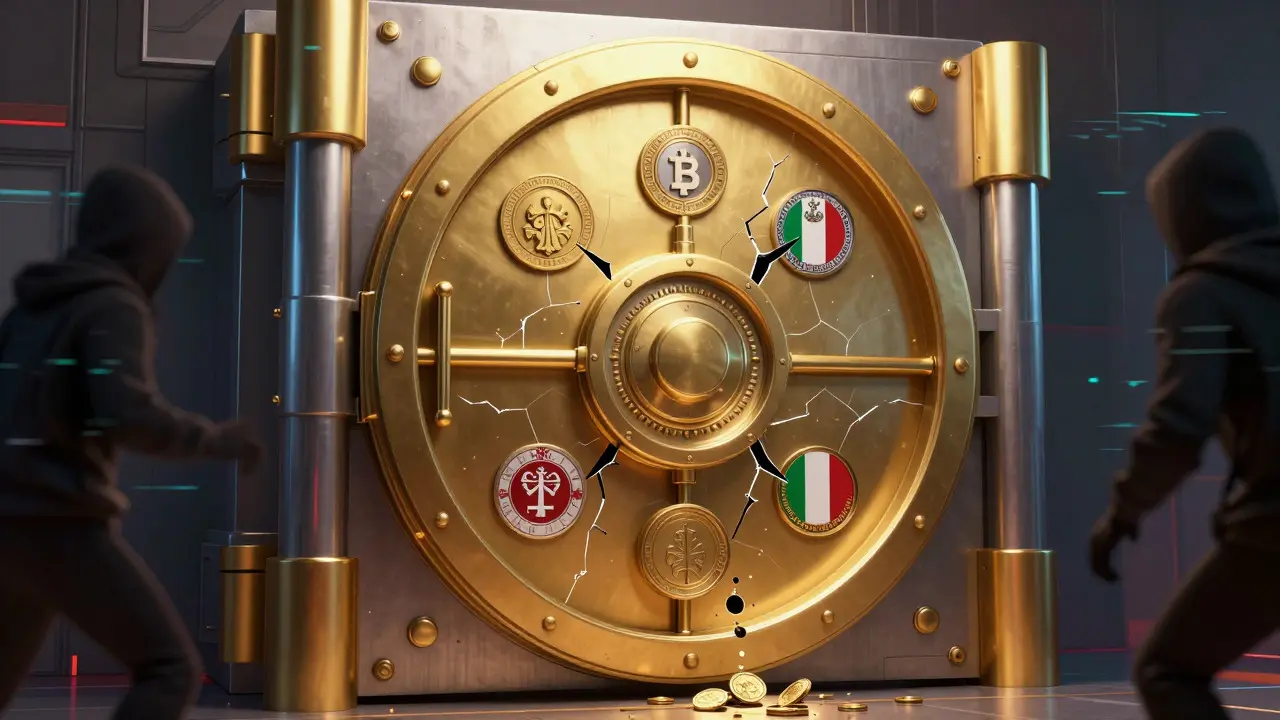 Cracked digital vault with leaking coins and hacker shadows