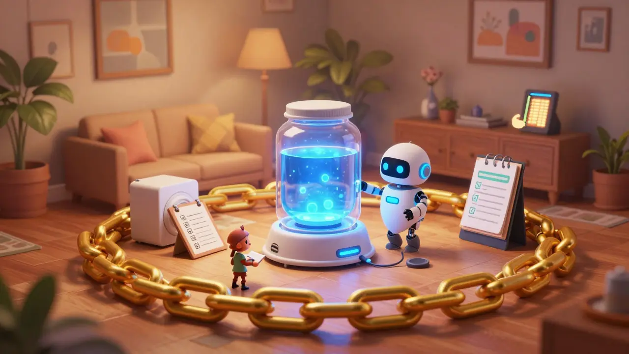 Cutaway view of a smart home with a robot managing energy storage and blockchain links