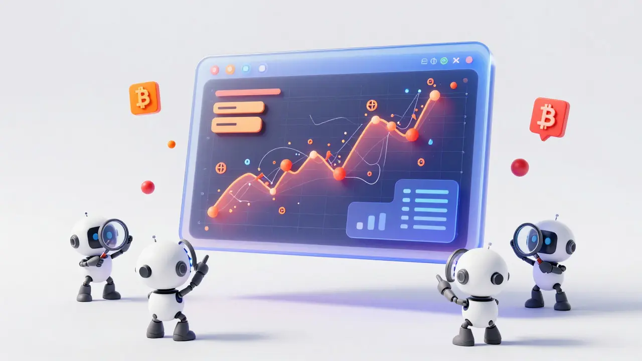 Cute robots investigating messy floating data dashboards