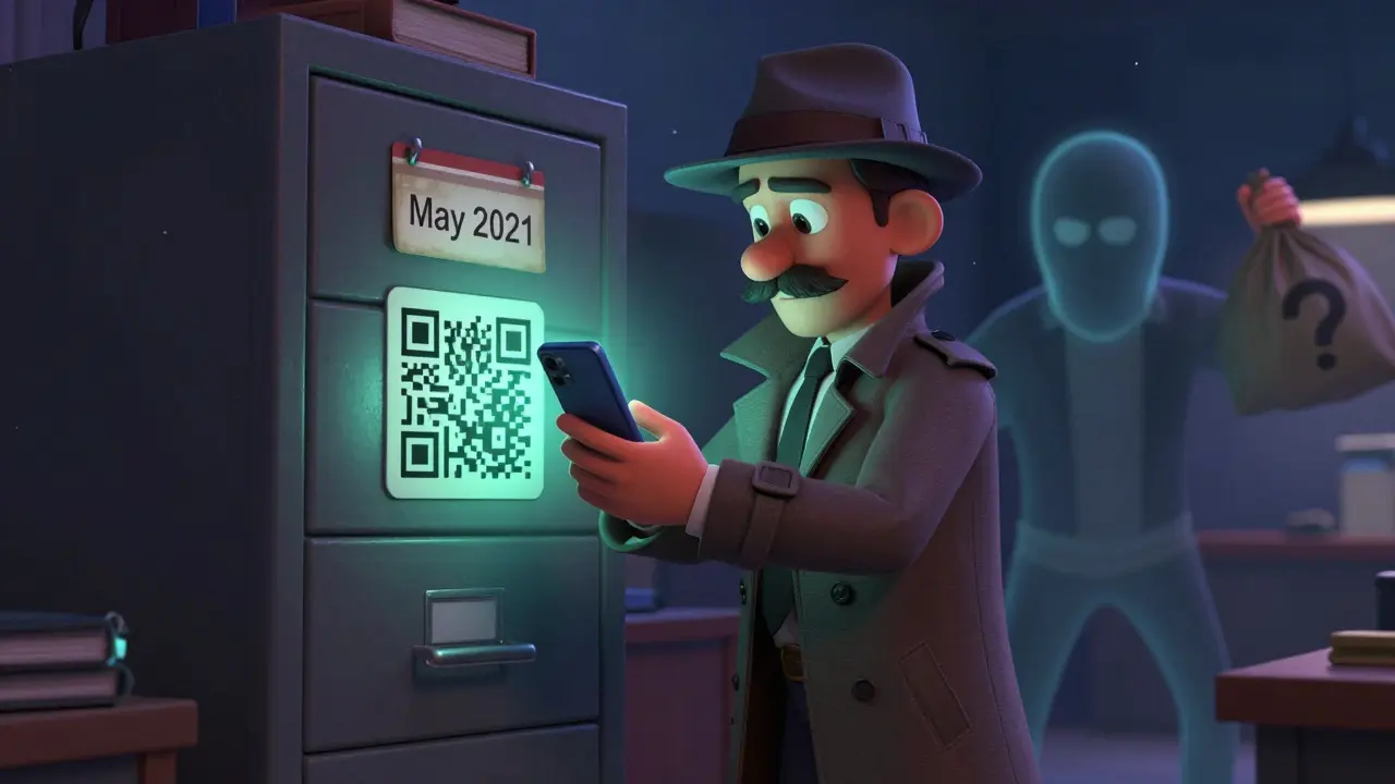 Detective verifying an old 2021 file while avoiding a scammer
