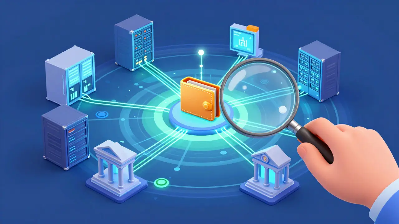 Digital network traced by magnifying glass connecting wallets and banks in colorful style
