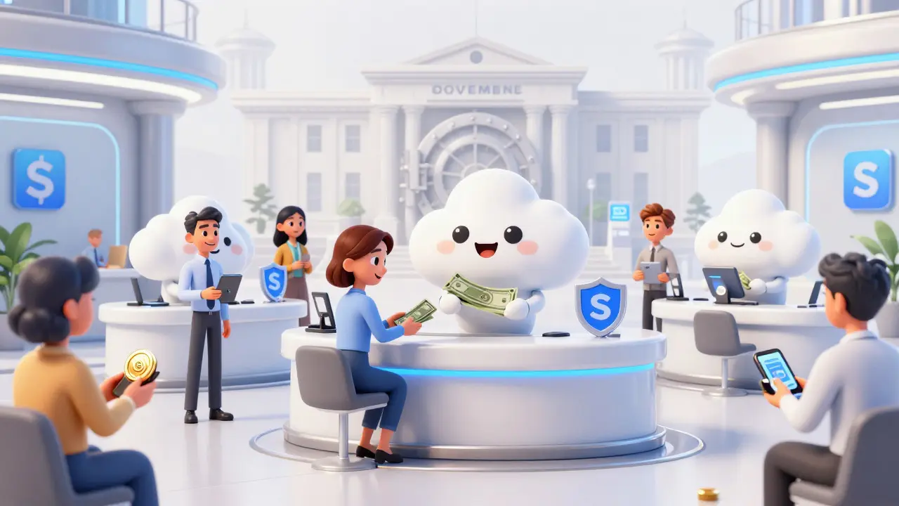 Friendly tech characters offering private stablecoins in a modern, futuristic bank lobby