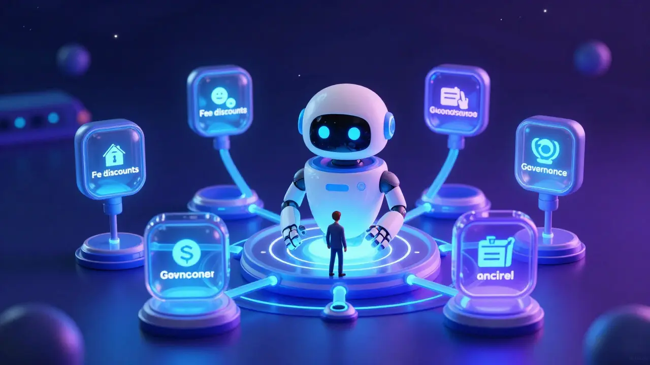 Futuristic cartoon hub showing expanded utility of exchange tokens in crypto.