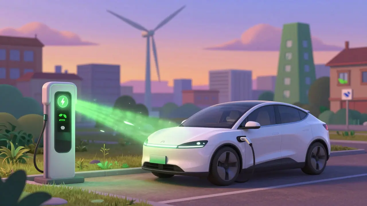 Futuristic electric car sharing energy with a wind turbine in a twilight cityscape
