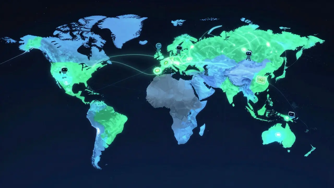Glowing world map showing US isolation while other countries adopt digital currencies