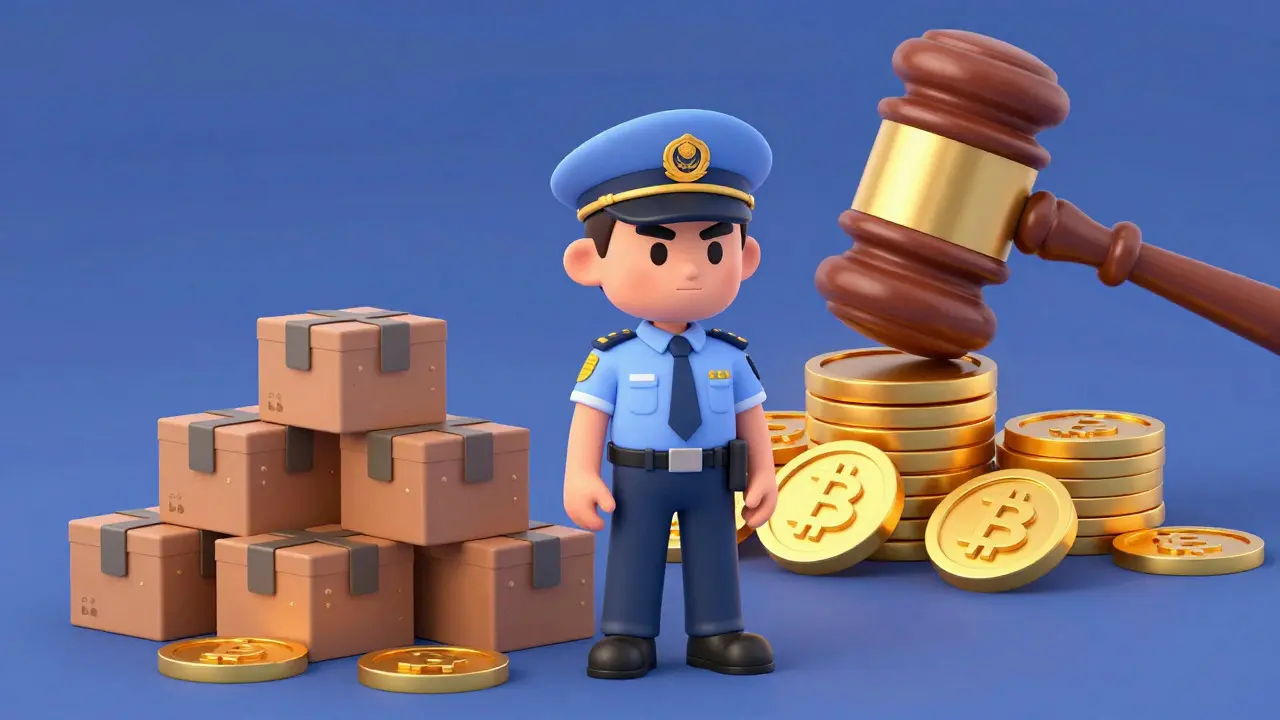 Government official confiscating mining gear and imposing fines