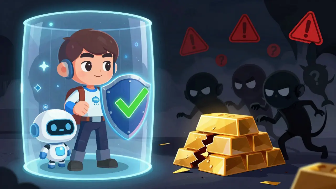 Hero with shield vs tricksters offering fake crypto rewards