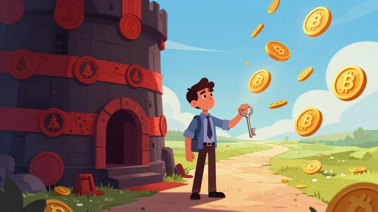 Illustration contrasting banking friction with crypto freedom.