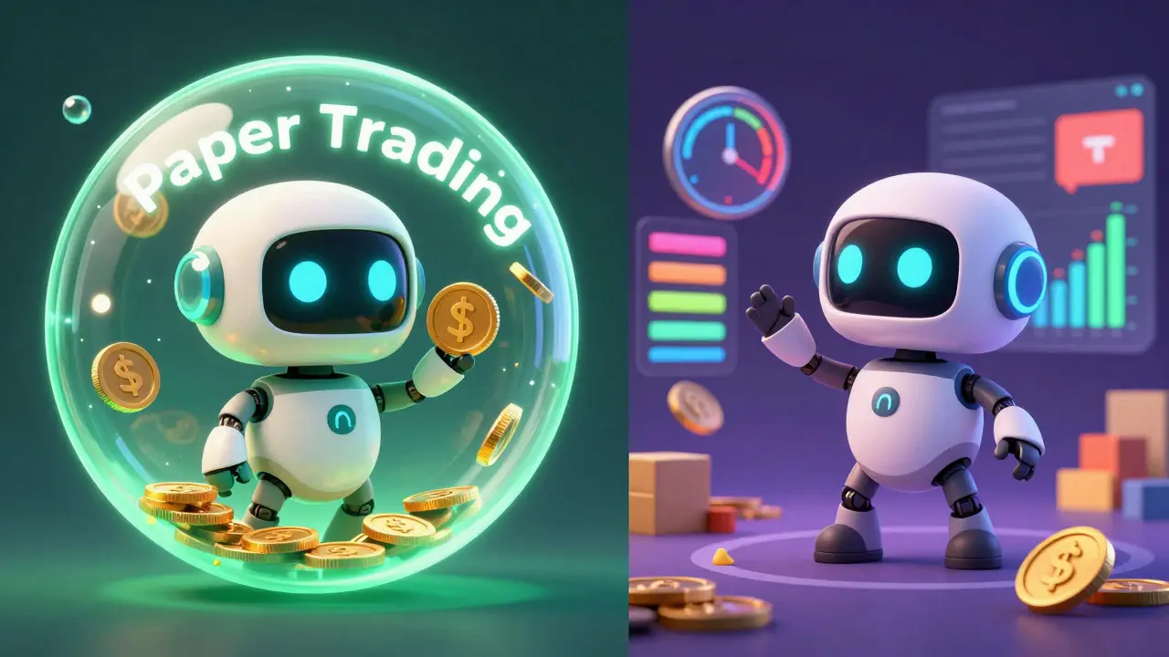 Illustration of beginner practicing paper trading vs advanced leverage trading