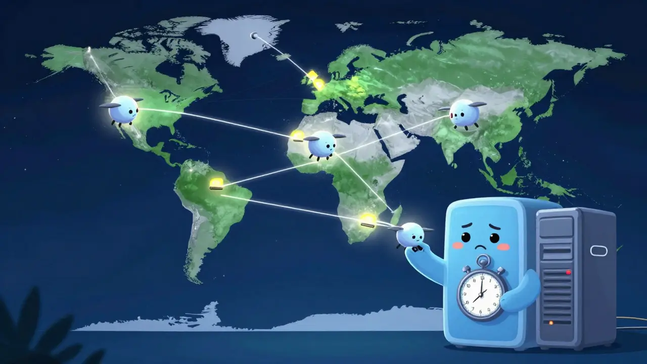 Illustration of data drones traveling across a global map, illustrating network latency and forks.