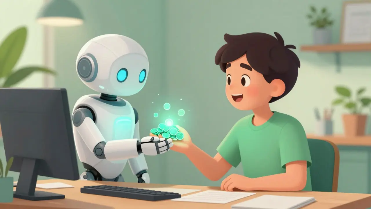 Person receiving glowing tokens from a friendly robot assistant in a cozy room