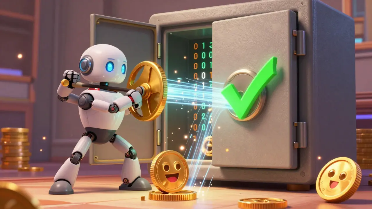 Robot miner turning a crank to unlock a digital safe, releasing a glowing coin reward