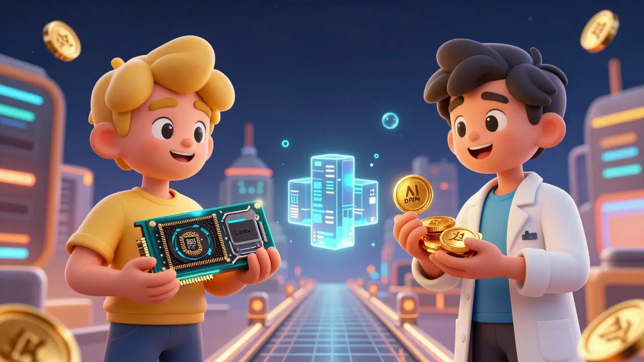Two characters exchanging DPIN tokens for computing power digitally.