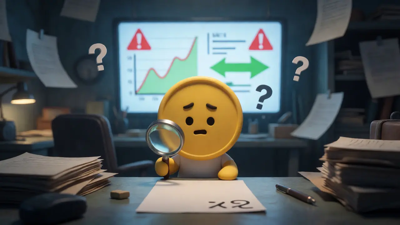 A cartoon POG character investigating blurry documents in a mysterious office setting.