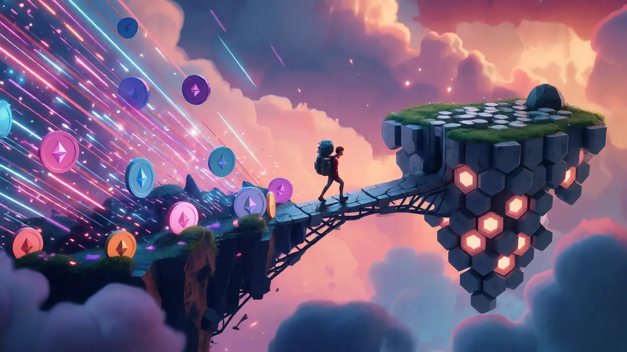 A character bridging assets from a busy Ethereum island to a quiet Nervos island.