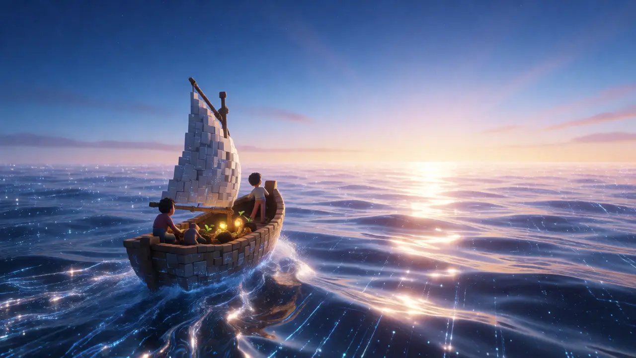 A digital boat sailing toward a bright horizon, symbolizing growth and future rewards.