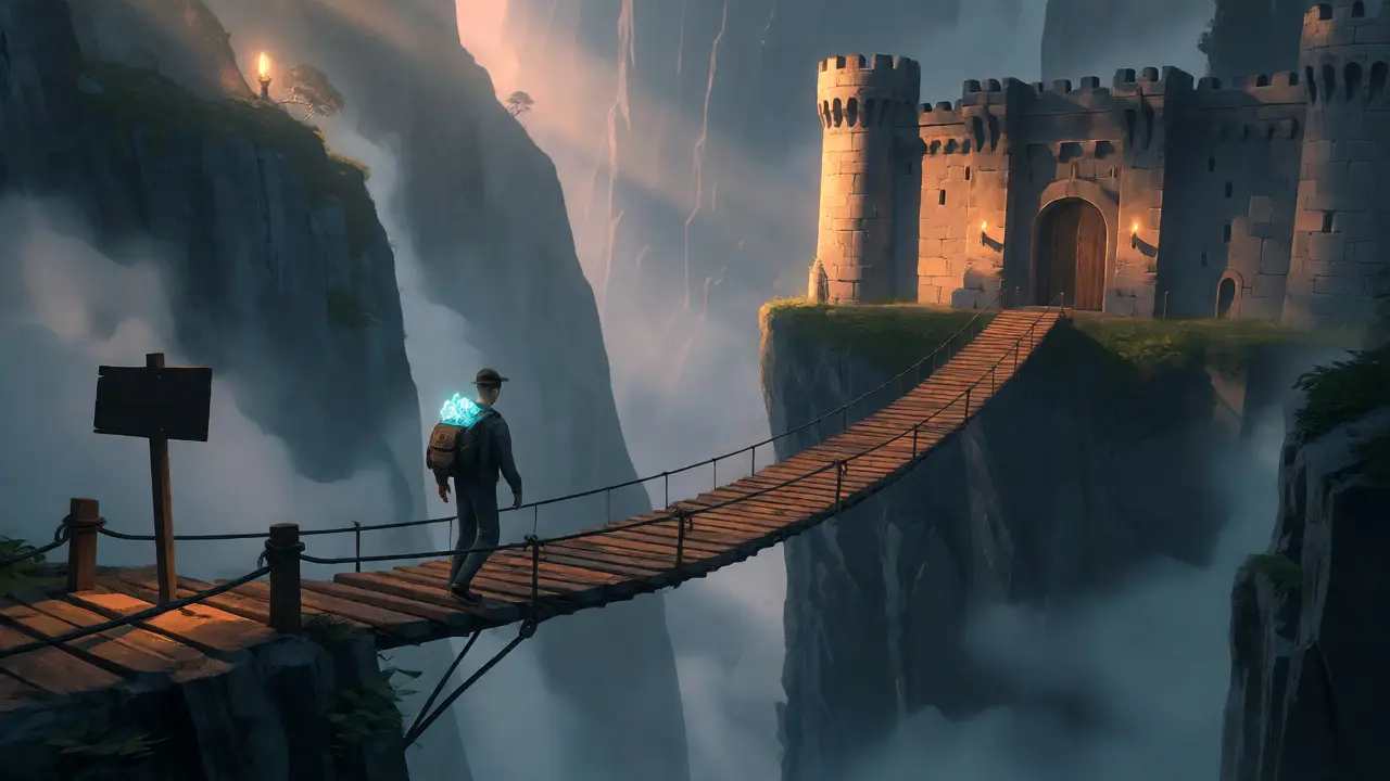 A figure crossing a precarious bridge between a secure fortress and a distant light, Pixar style.