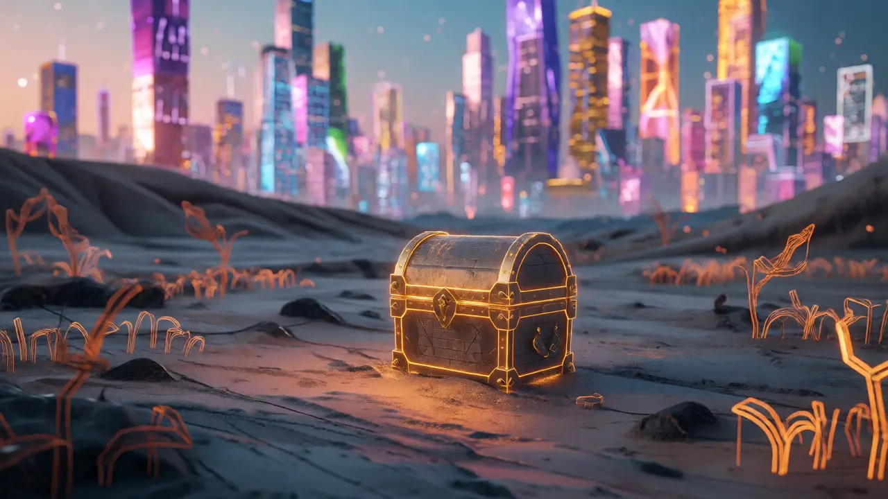 A glowing treasure chest sits alone in a barren digital field with large, bright buildings in the distance.