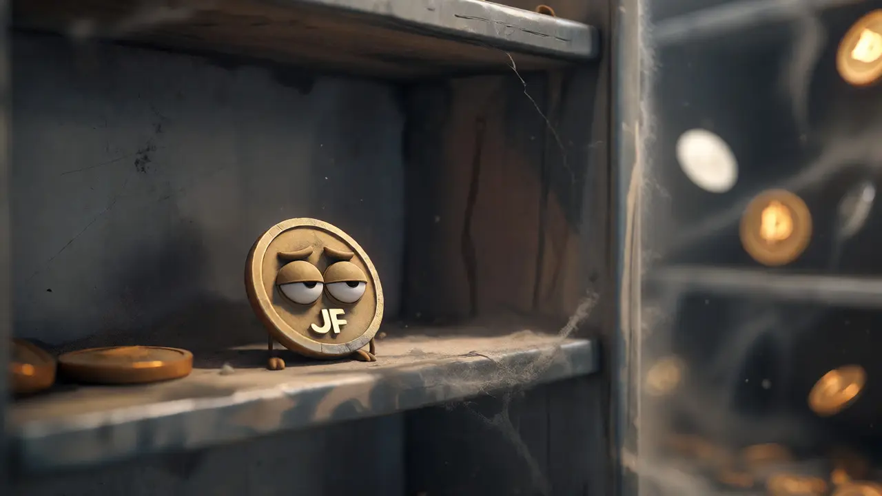 A lonely, dusty JF token character sitting in a dim wallet