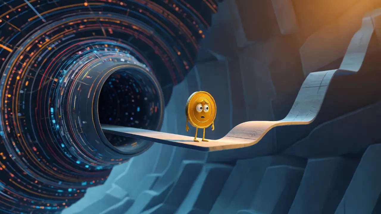 A lonely golden coin stands on a thin bridge over a void, symbolizing low liquidity risks.