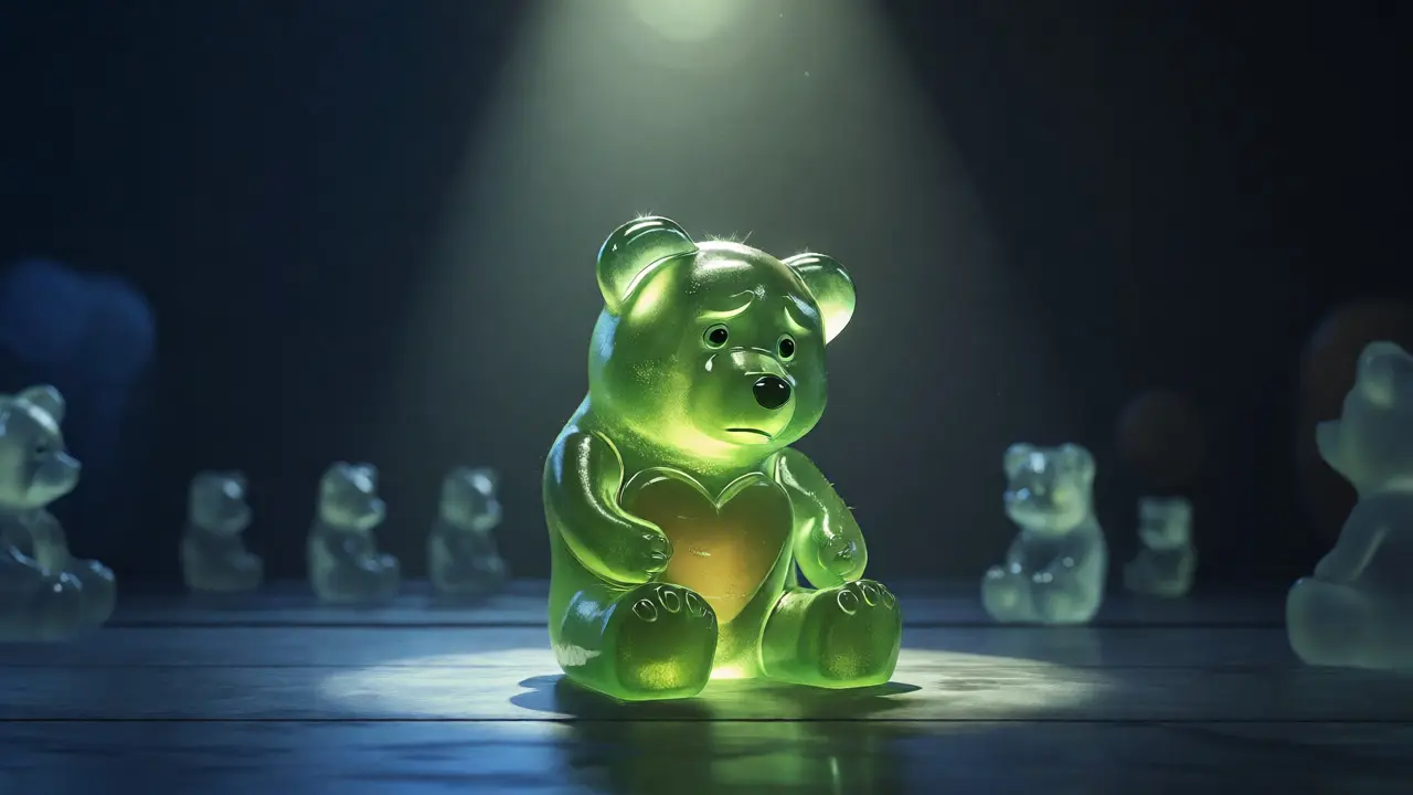 A lonely green gummy bear sitting on a dark stage under a spotlight.