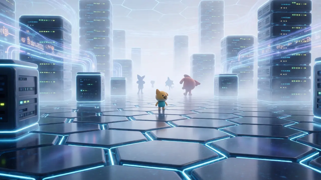 A lonely POG character standing on a vast, empty digital blockchain landscape.