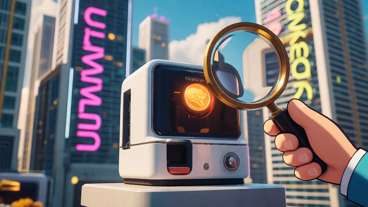 A small DEX machine under a magnifying glass next to giant skyscraper competitors.