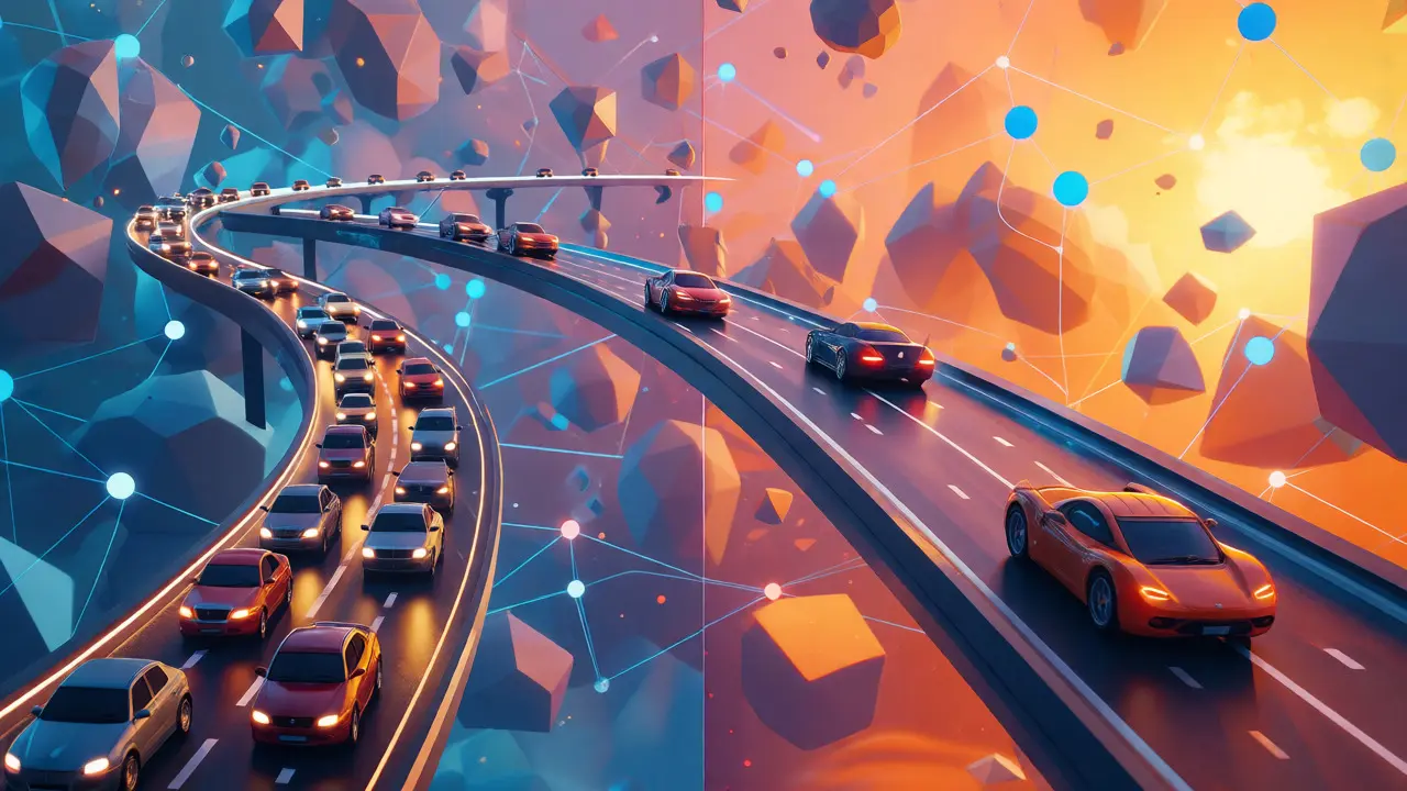 Abstract road showing Layer 2 skyways bypassing congested Layer 1 lanes.