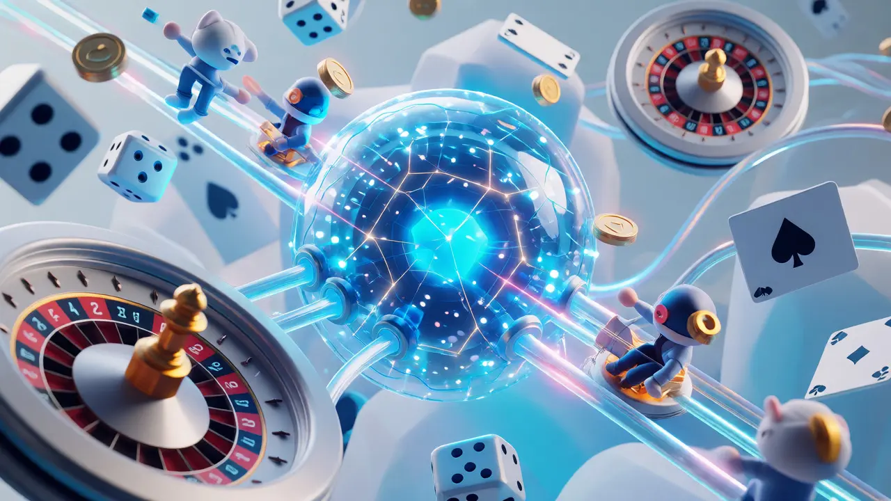 Abstract visualization of the Sonic blockchain connecting to casino games