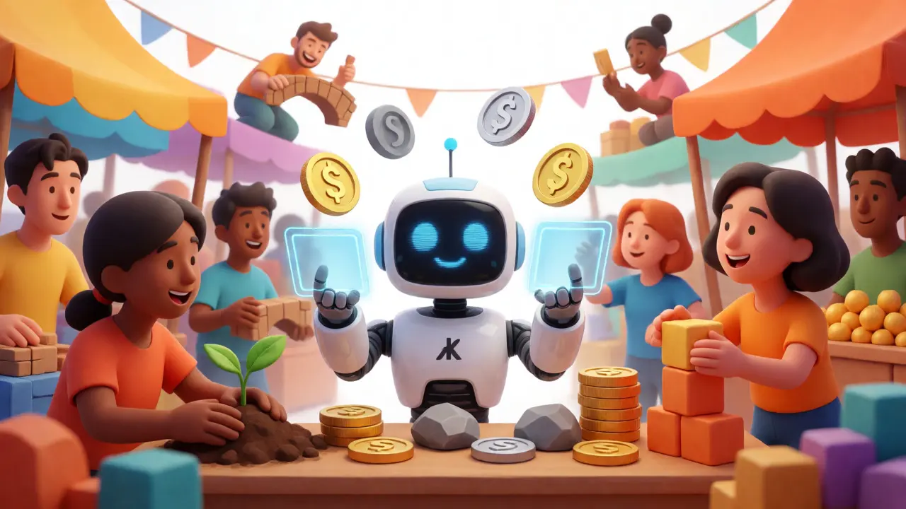 AI robot analyzing tokens in a vibrant crypto marketplace scene.