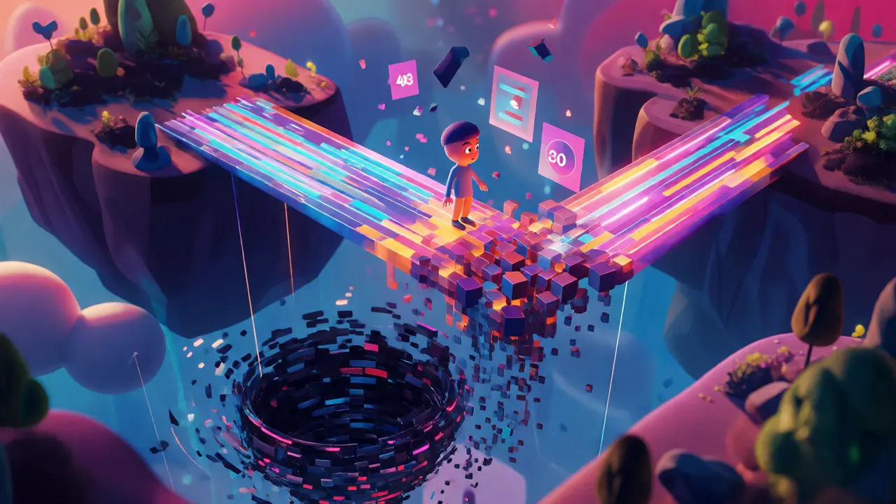 An avatar looks nervously at a crumbling digital bridge connecting two floating islands in a tech world.