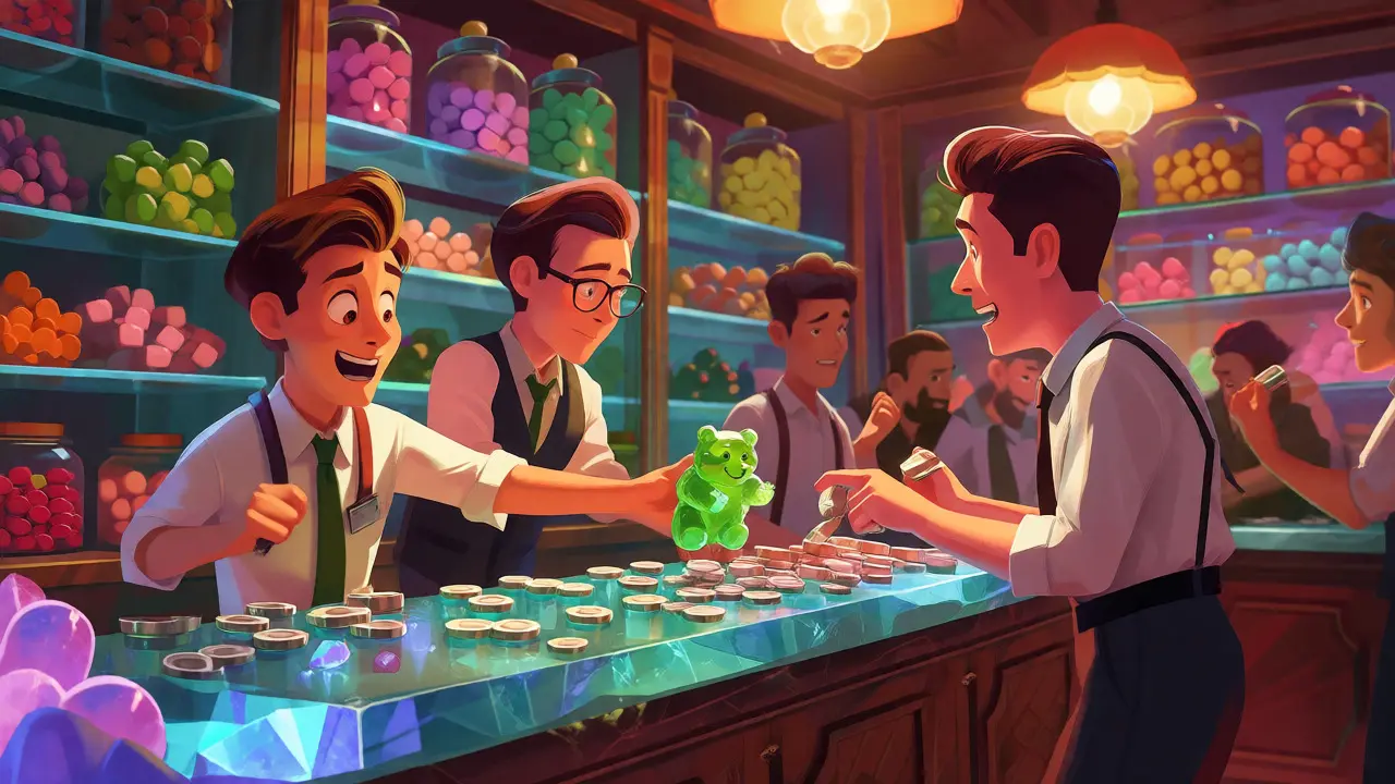 Animated characters trading gummy bears for coins in a vibrant candy shop.