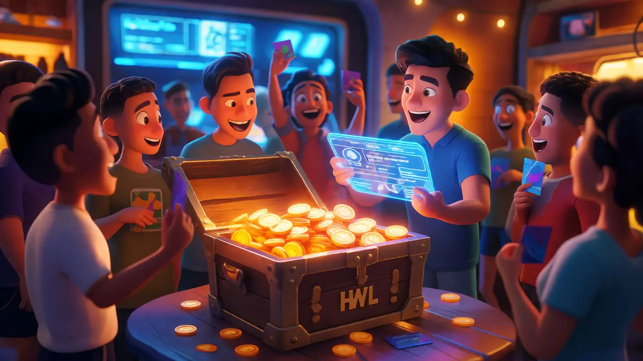 Cartoon avatars celebrating around a chest full of HWL tokens in a tech hub.