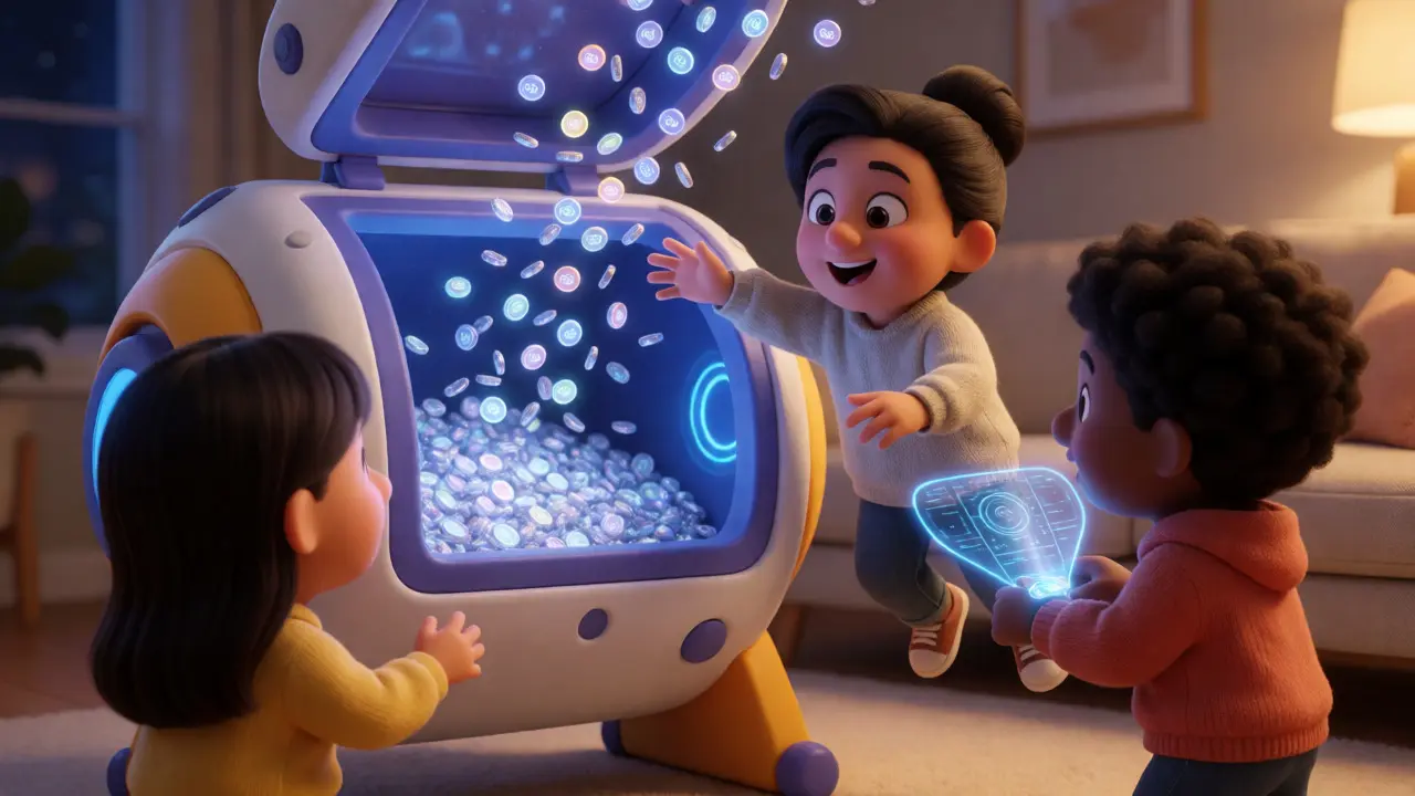 Cartoon avatars gathering around a lottery drum filled with glowing tokens.