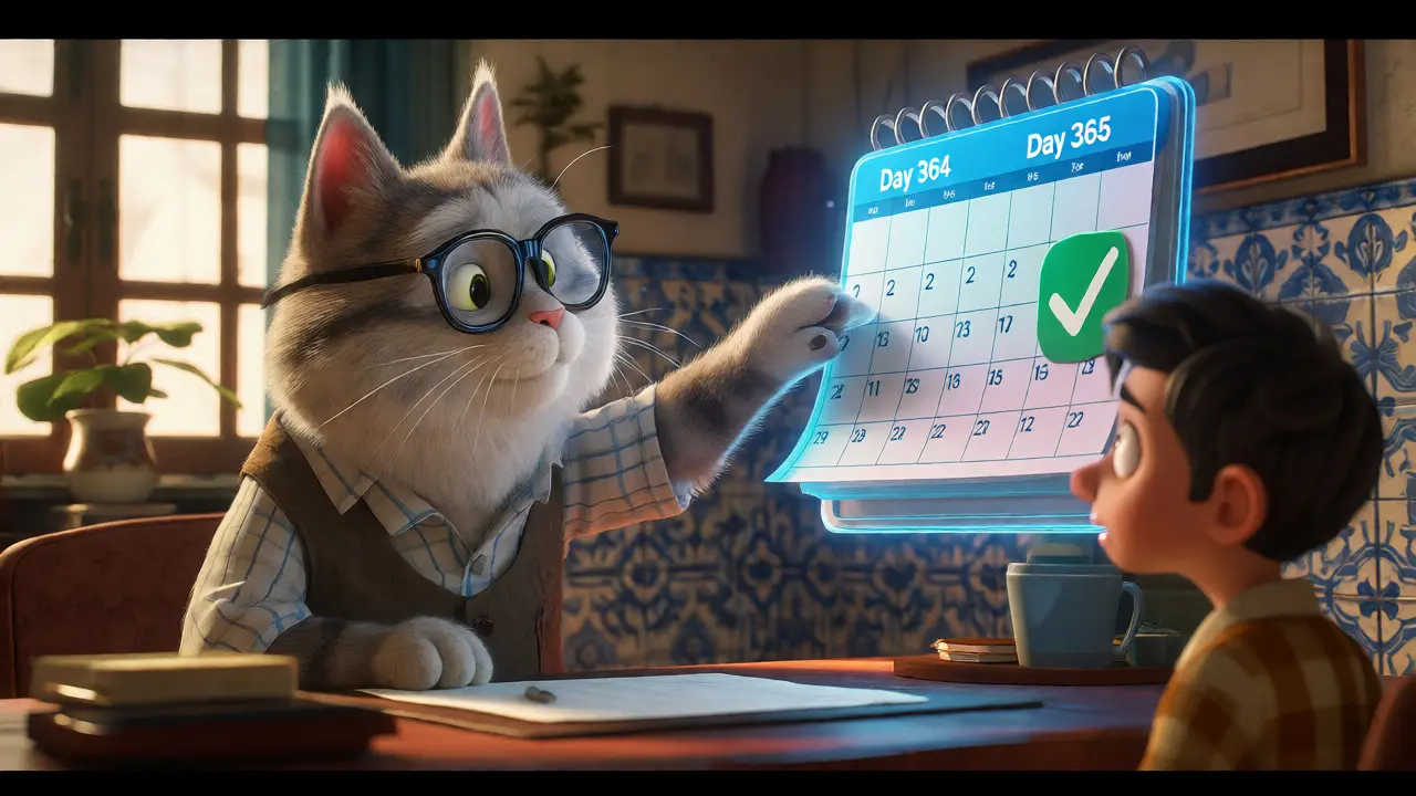 Cartoon cat advisor showing a calendar transition to a client in a cozy home office.