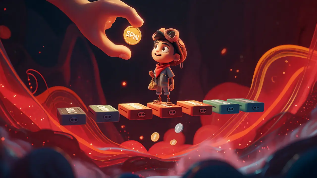 Cartoon character navigating risky crypto gambling bridges