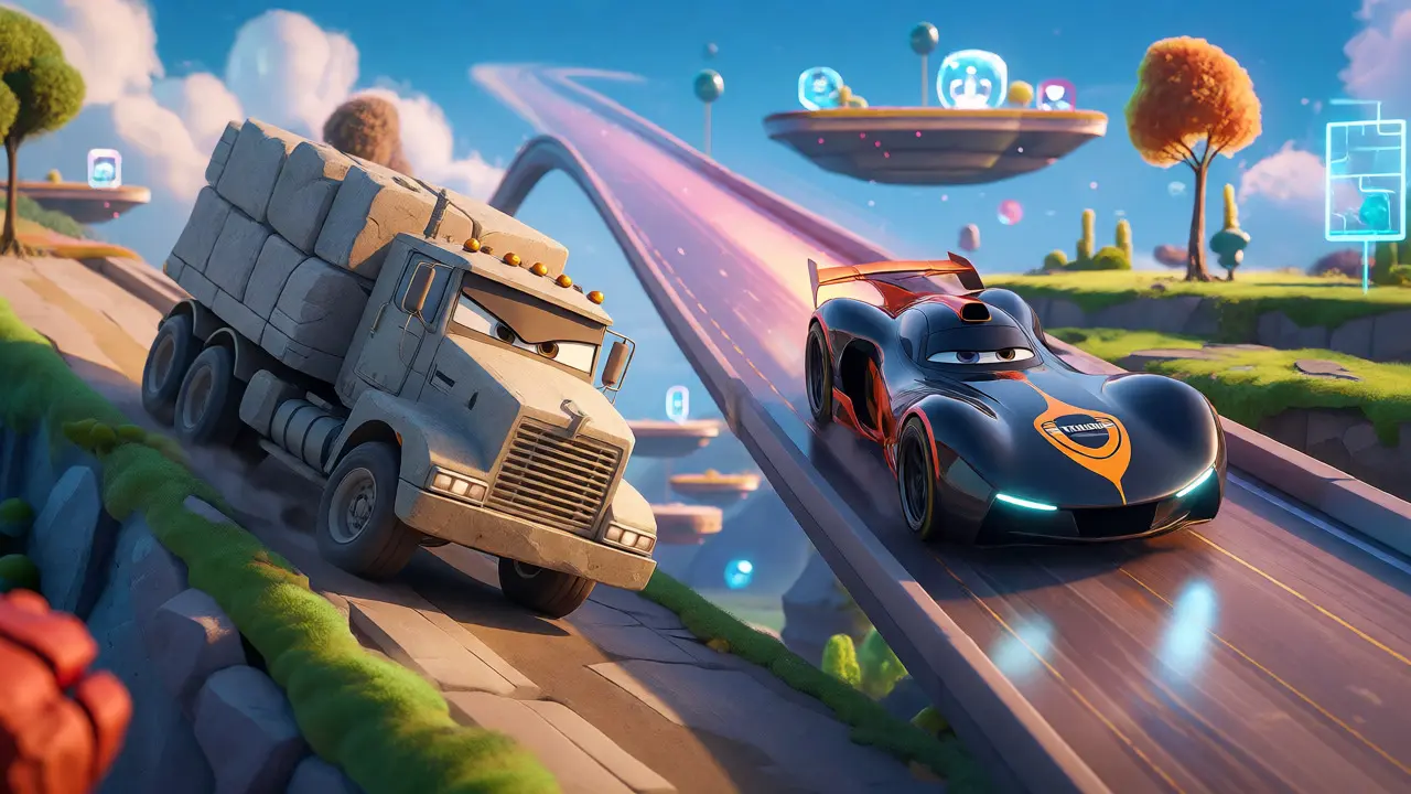 Cartoon race car speeding past a slow stone truck to show network efficiency