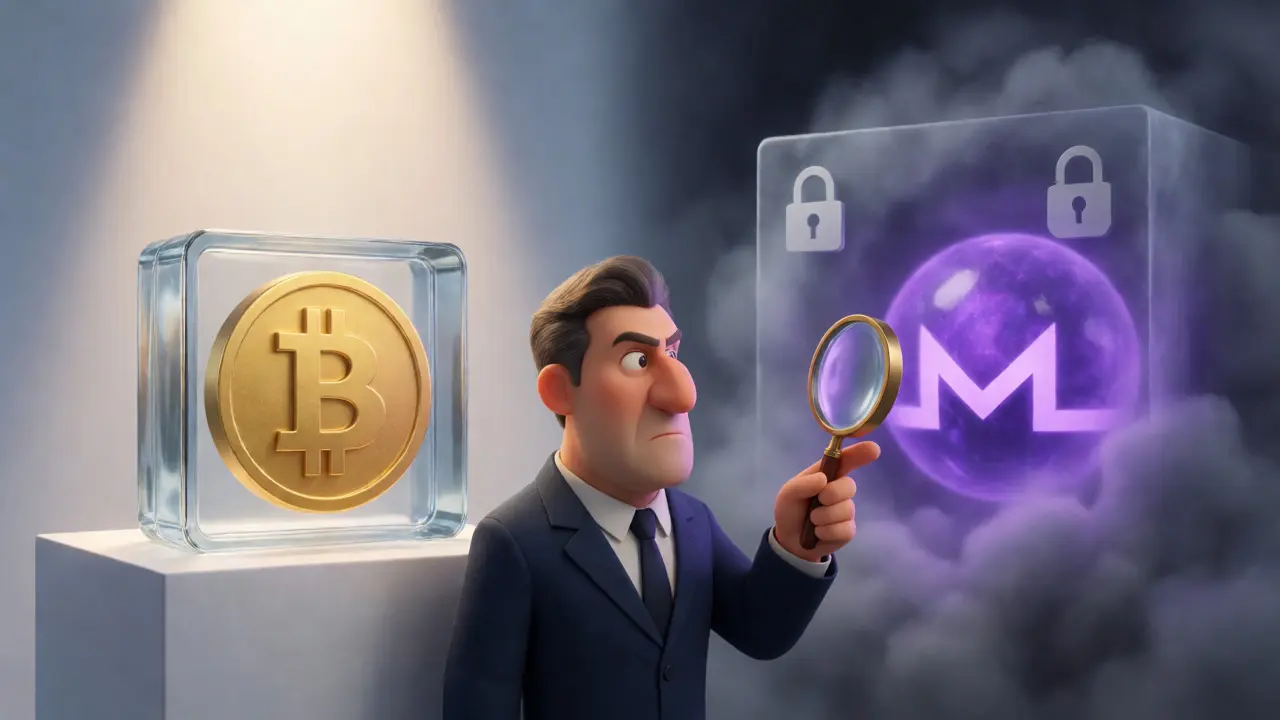 Cartoon regulator comparing a clear Bitcoin block with a foggy Monero orb.