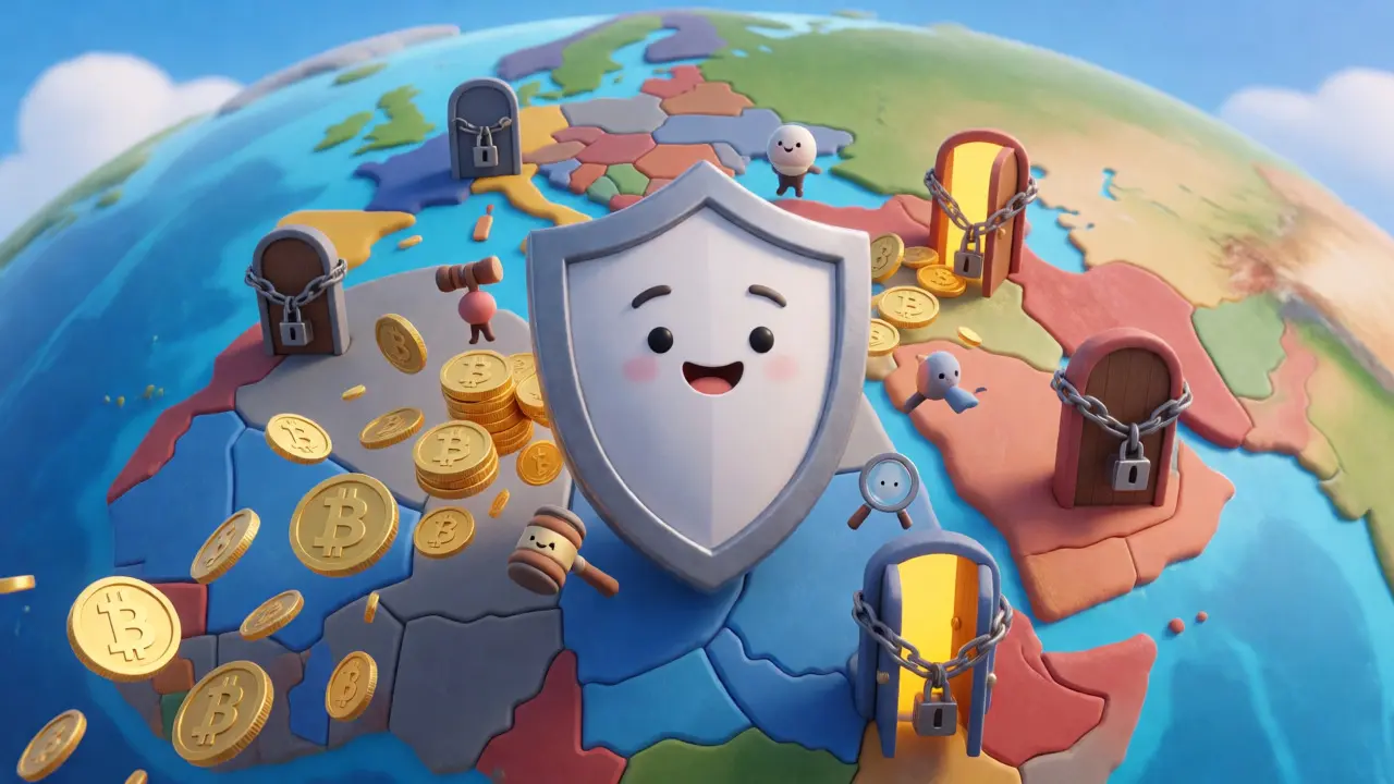 Cartoon shield blocking crypto flow to restricted global regions