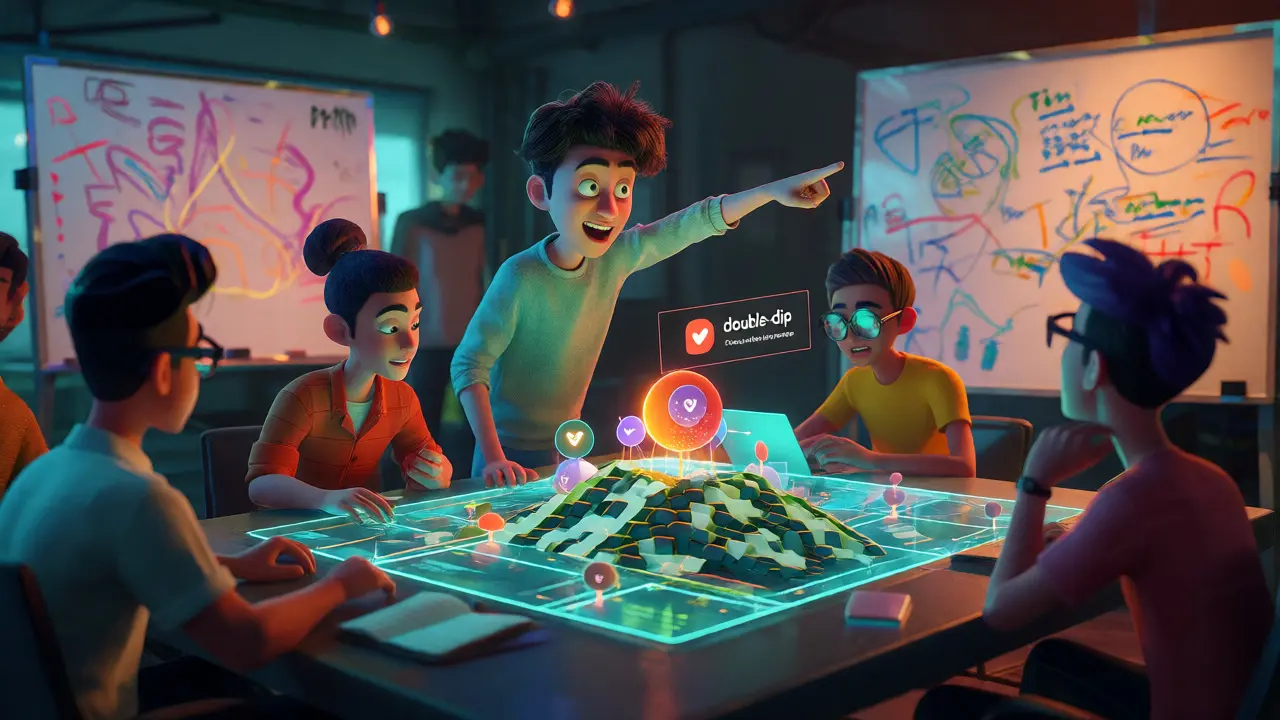 Creative team collaborating around a holographic map of decentralized finance opportunities
